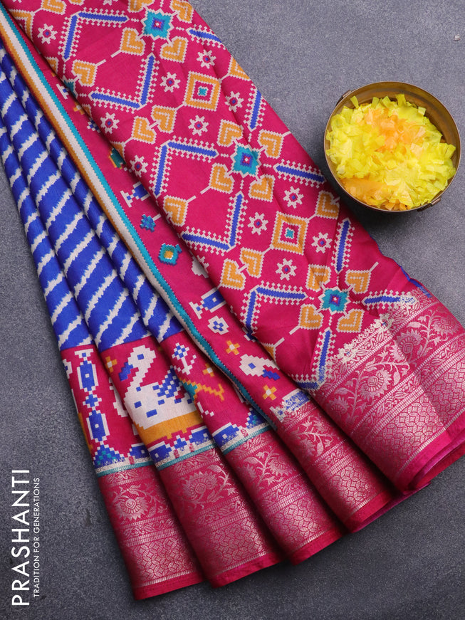 Semi dola saree blue and pink with allover leheriya style prints and zari woven border