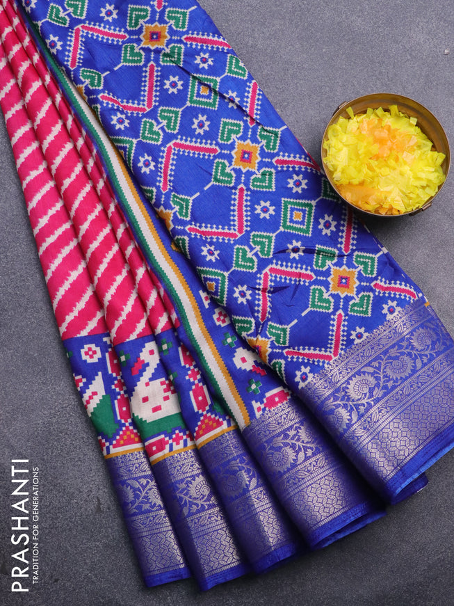 Semi dola saree pink and blue with allover leheriya style prints and zari woven border