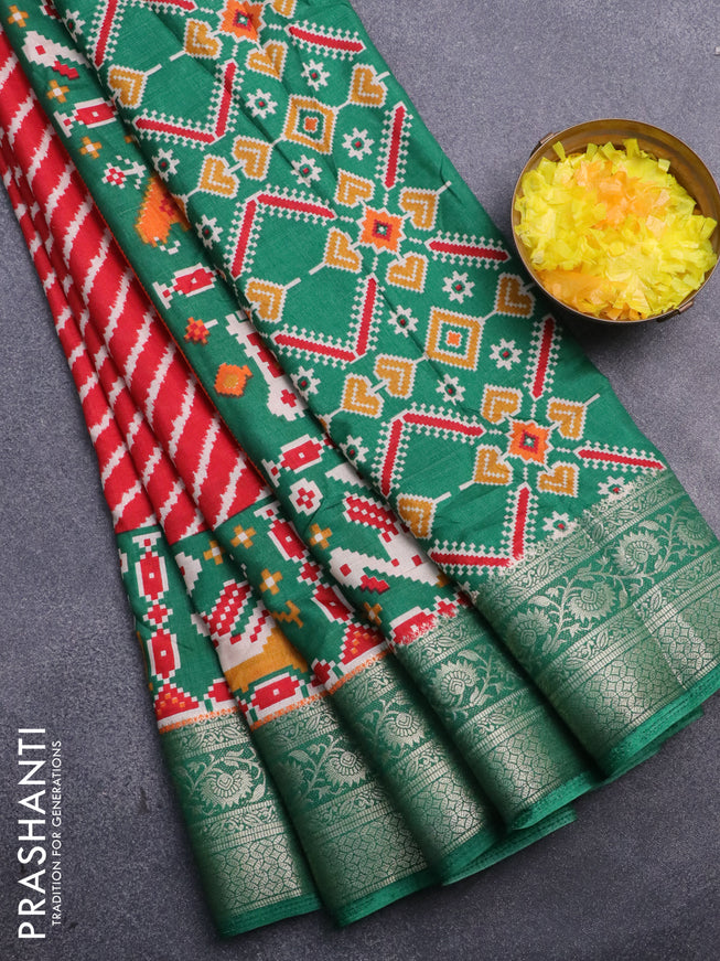 Semi dola saree red and green with allover leheriya style prints and zari woven border