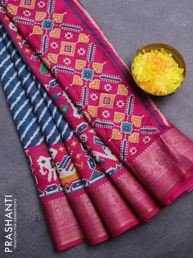 Semi dola saree peacock blue and pink with allover leheriya style prints and zari woven border