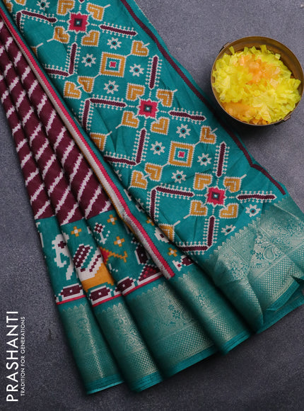 Semi dola saree wine shade and teal green with allover leheriya style prints and zari woven border