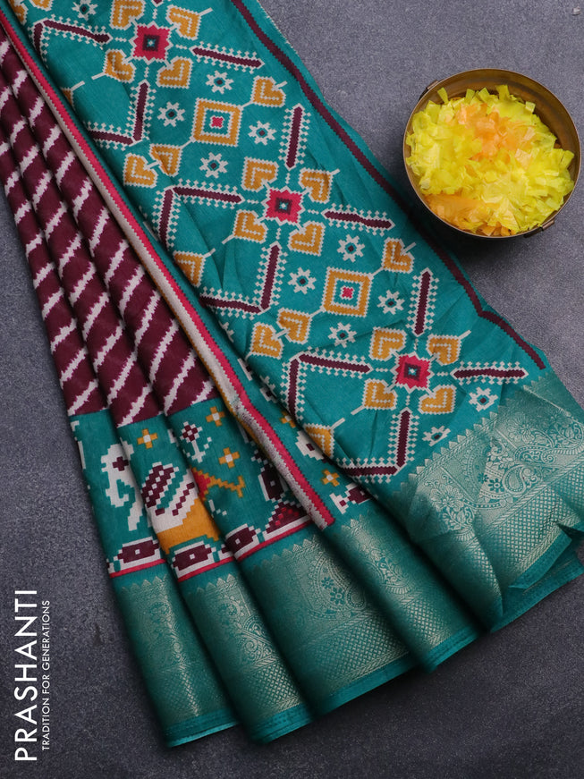 Semi dola saree wine shade and teal green with allover leheriya style prints and zari woven border