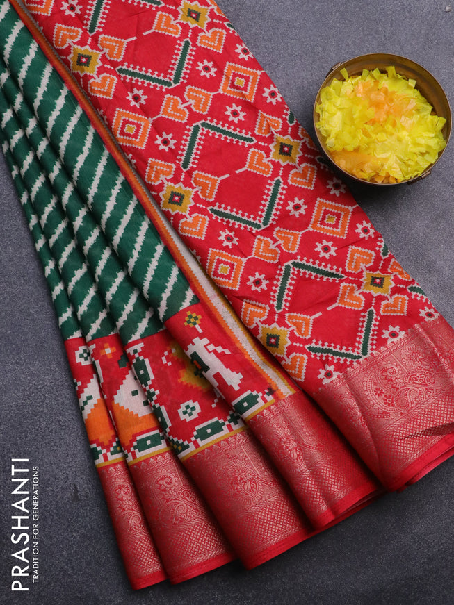 Semi dola saree green and red with allover leheriya style prints and zari woven border