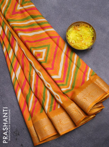 Semi dola saree multi colour and mustard yellow with allover leheriya style prints and zari woven border