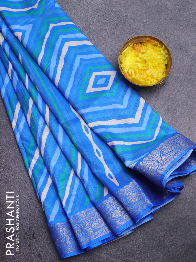 Semi dola saree multi colour and blue with allover leheriya style prints and zari woven border