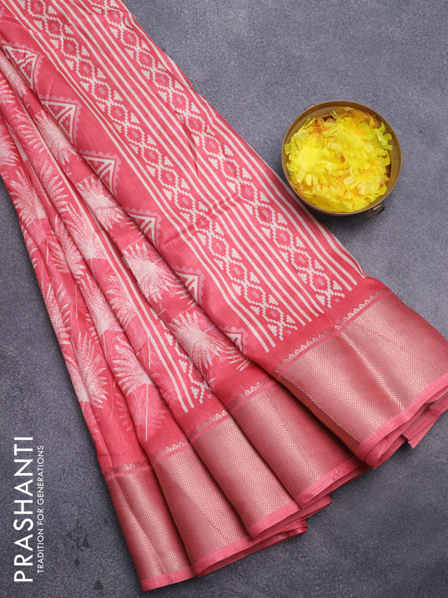 Semi dola saree pink shade with allover prints and zari woven border