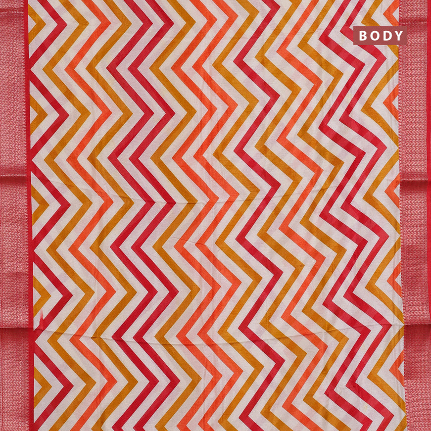 Semi dola saree cream and red with allover zig zag prints and zari woven border