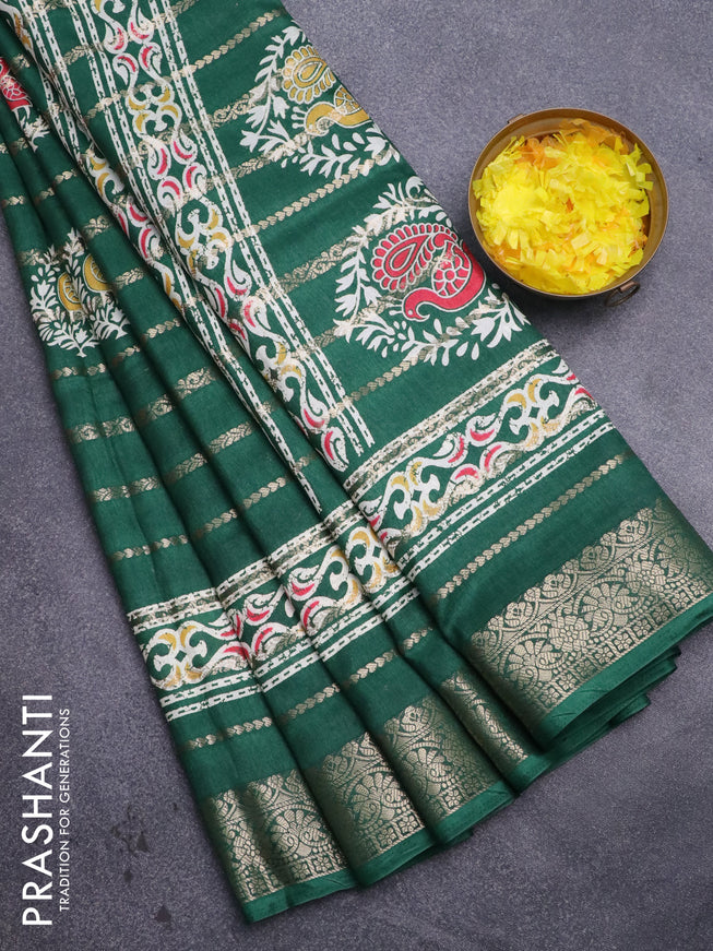 Semi dola saree green with allover zari weaves & floral digital butta prints and zari woven border