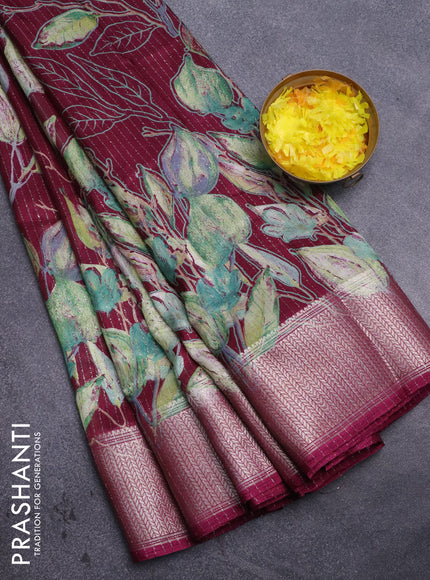 Semi dola saree wine shade with allover zari weaves & floral digital butta prints and zari woven border