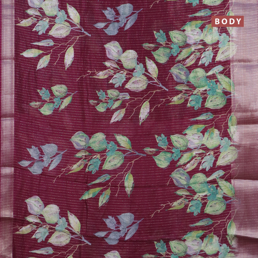 Semi dola saree wine shade with allover zari weaves & floral digital butta prints and zari woven border