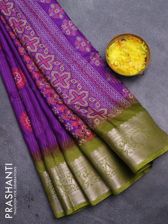 Semi dola saree violet and mehendi green with allover zari weaves & floral digital butta prints and zari woven border