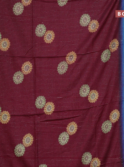 Semi dola saree deep maroon and cs blue with allover zari weaves & floral digital butta prints and zari woven border