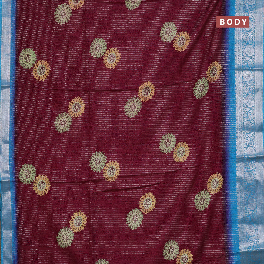 Semi dola saree deep maroon and cs blue with allover zari weaves & floral digital butta prints and zari woven border