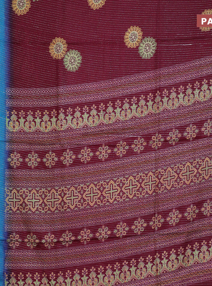 Semi dola saree deep maroon and cs blue with allover zari weaves & floral digital butta prints and zari woven border