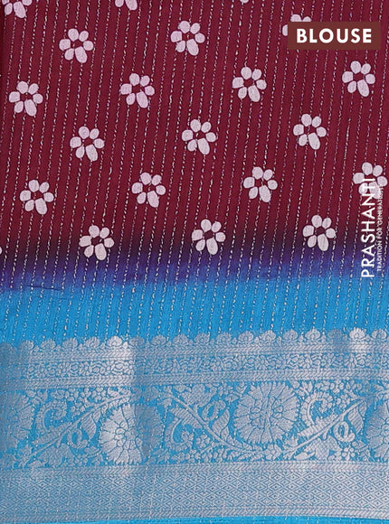 Semi dola saree deep maroon and cs blue with allover zari weaves & floral digital butta prints and zari woven border