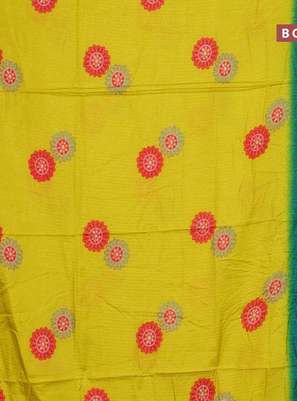 Semi dola saree lime yellow and cs blue with allover zari weaves & floral digital butta prints and zari woven border