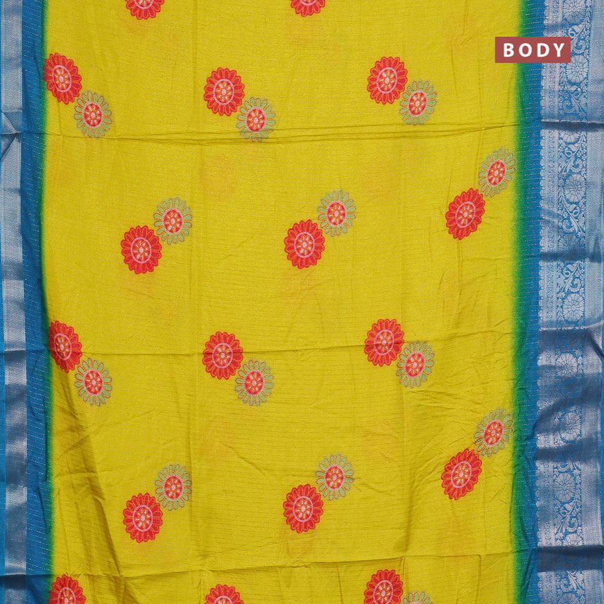 Semi dola saree lime yellow and cs blue with allover zari weaves & floral digital butta prints and zari woven border