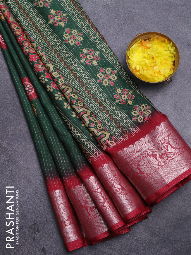 Semi dola saree green and maroon with allover zari weaves & floral digital butta prints and zari woven border