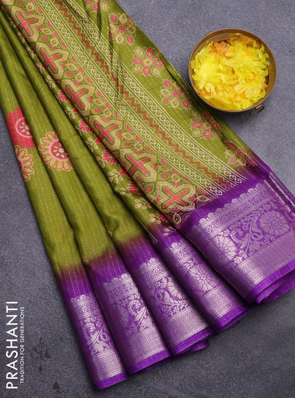 Semi dola saree mehendi green and violet with allover zari weaves & floral digital butta prints and zari woven border