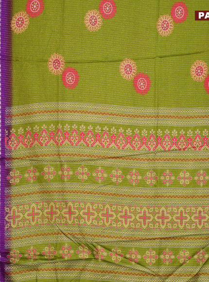 Semi dola saree mehendi green and violet with allover zari weaves & floral digital butta prints and zari woven border