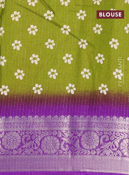 Semi dola saree mehendi green and violet with allover zari weaves & floral digital butta prints and zari woven border