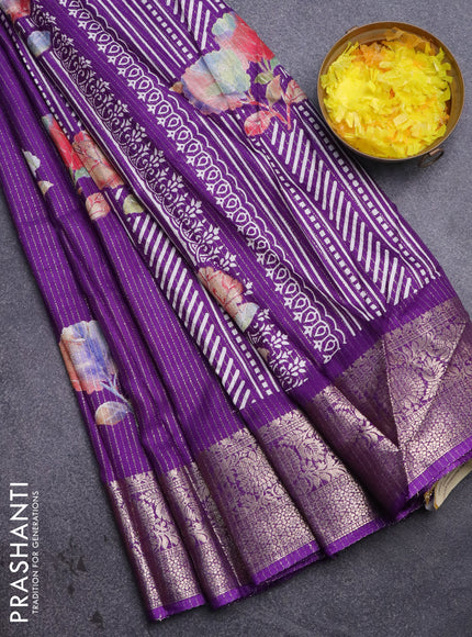 Semi dola saree violet with allover zari weaves & floral digital butta prints and zari woven border