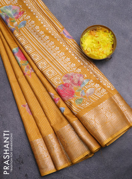 Semi dola saree mustard yellow with allover zari weaves & floral digital butta prints and zari woven border