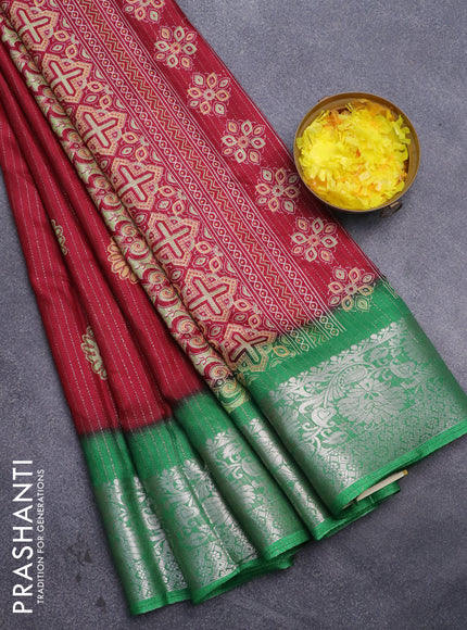 Semi dola saree maroon and green with allover zari weaves & floral digital butta prints and zari woven border