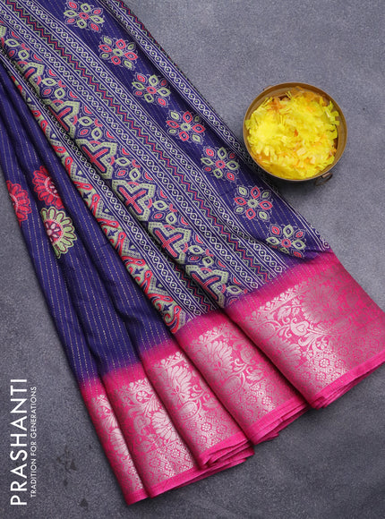 Semi dola saree blue and pink with allover zari weaves & floral digital butta prints and zari woven border