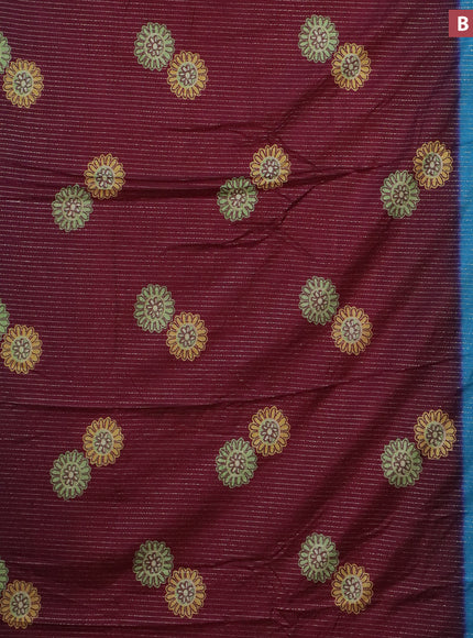 Semi dola saree deep maroon and cs blue with allover zari weaves & floral digital butta prints and zari woven border