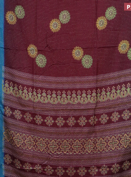 Semi dola saree deep maroon and cs blue with allover zari weaves & floral digital butta prints and zari woven border