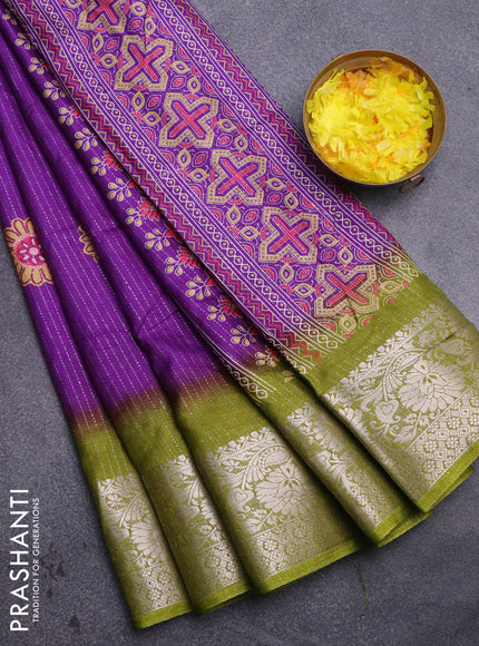 Semi dola saree violet and mehendi green with allover zari weaves & floral digital butta prints and zari woven border