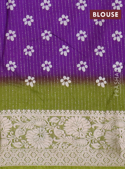 Semi dola saree violet and mehendi green with allover zari weaves & floral digital butta prints and zari woven border