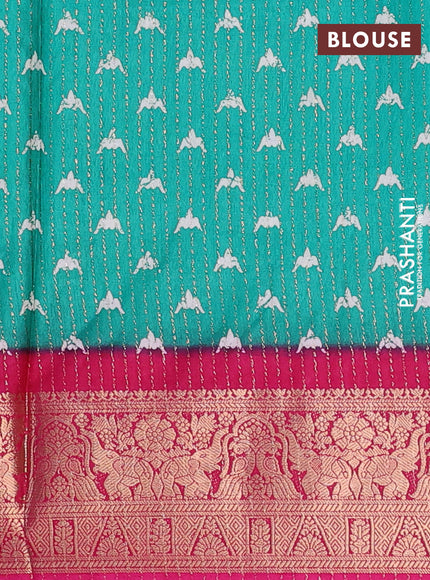 Semi dola saree teal green and pink with allover zari weaves & batik butta prints and zari woven border