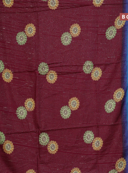 Semi dola saree deep maroon and cs blue with allover zari weaves & floral digital butta prints and zari woven border