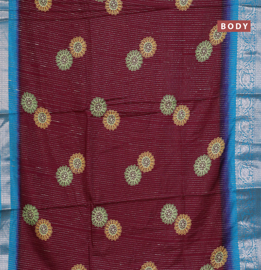 Semi dola saree deep maroon and cs blue with allover zari weaves & floral digital butta prints and zari woven border