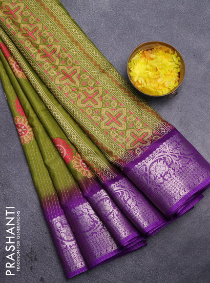 Semi dola saree mehendi green and violet with allover zari weaves & floral digital butta prints and zari woven border