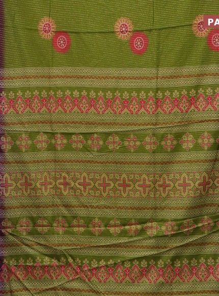 Semi dola saree mehendi green and violet with allover zari weaves & floral digital butta prints and zari woven border