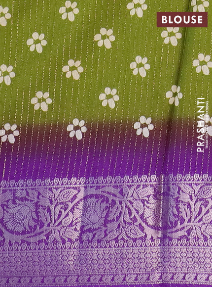 Semi dola saree mehendi green and violet with allover zari weaves & floral digital butta prints and zari woven border