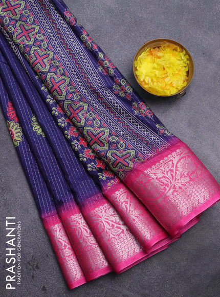 Semi dola saree blue and pink with allover zari weaves & floral digital butta prints and zari woven border