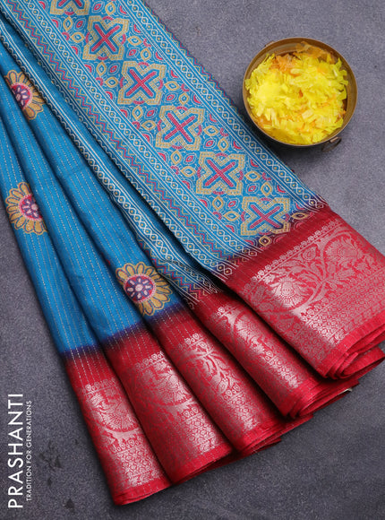 Semi dola saree cs blue and red with allover zari weaves & floral digital butta prints and zari woven border