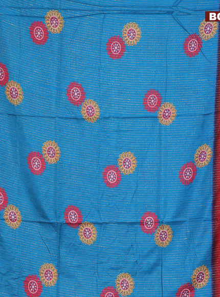 Semi dola saree cs blue and red with allover zari weaves & floral digital butta prints and zari woven border