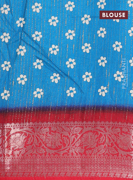 Semi dola saree cs blue and red with allover zari weaves & floral digital butta prints and zari woven border