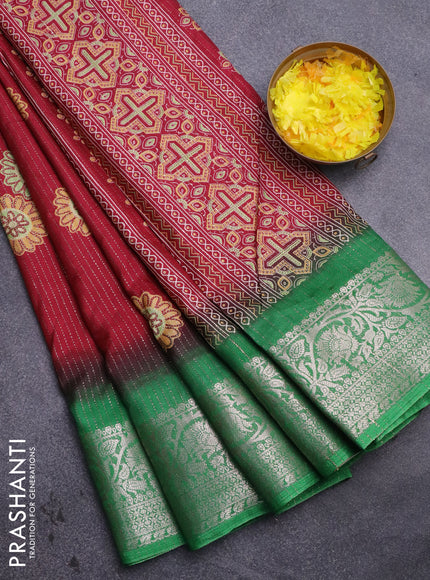 Semi dola saree maroon and green with allover zari weaves & floral digital butta prints and zari woven border