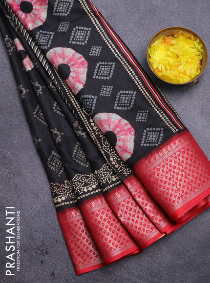 Semi dola saree black and red with allover bandhani prints and zari woven border