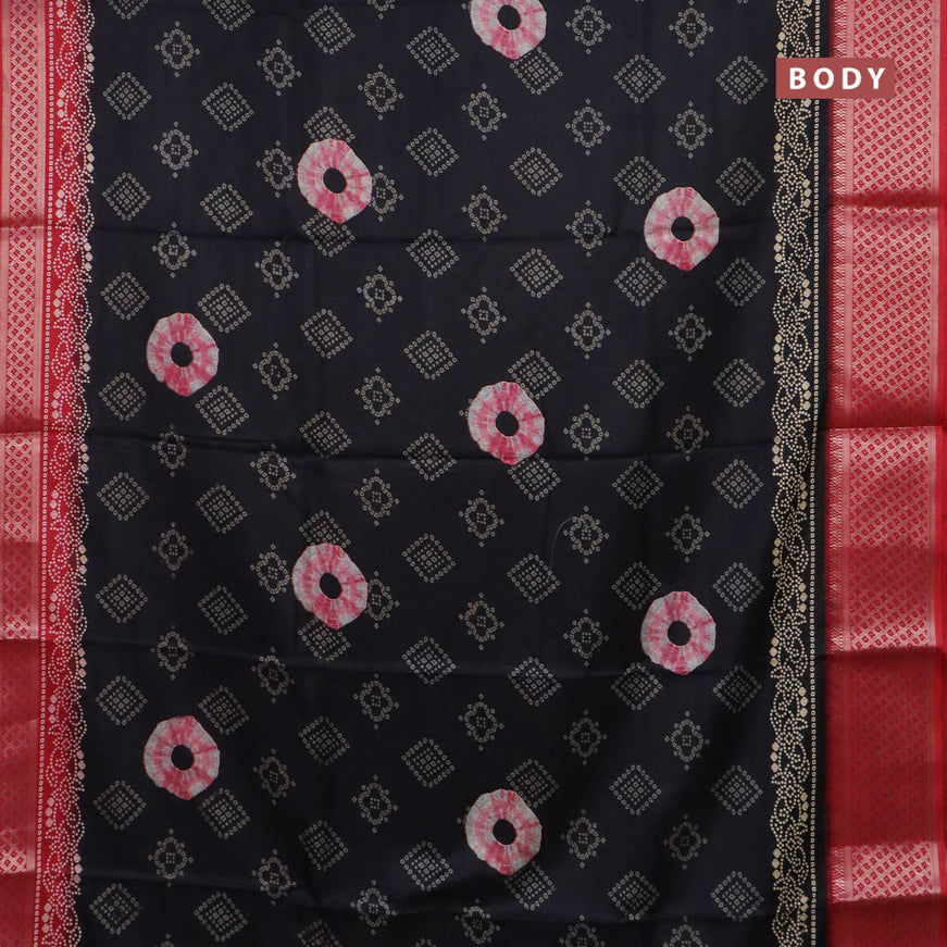 Semi dola saree black and red with allover bandhani prints and zari woven border