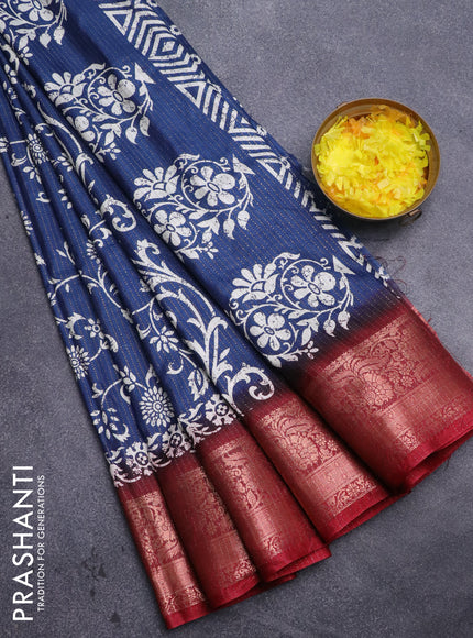 Semi dola saree dark blue and maroon with allover zari weaves & prints and zari woven border