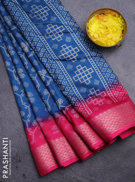 Semi dola saree peacock blue and pink with allover prints and zari woven border