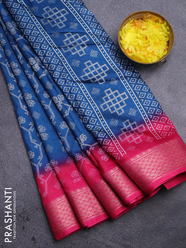 Semi dola saree peacock blue and pink with allover prints and zari woven border