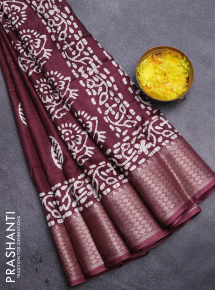 Semi dola saree wine shade with batik butta prints and zari woven border